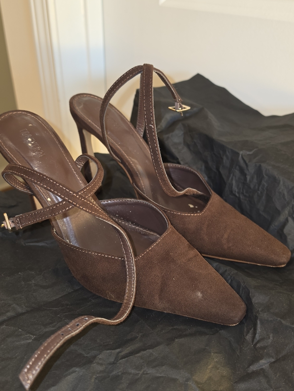 Brown Suede Pointed-Toe Slingback Heels